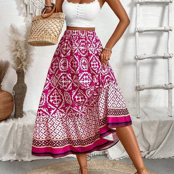 Hot Pink Boho Women's Colorblock Floral Print Ruffle Hem Skirt Maxi Outfit - Picture 4 of 8